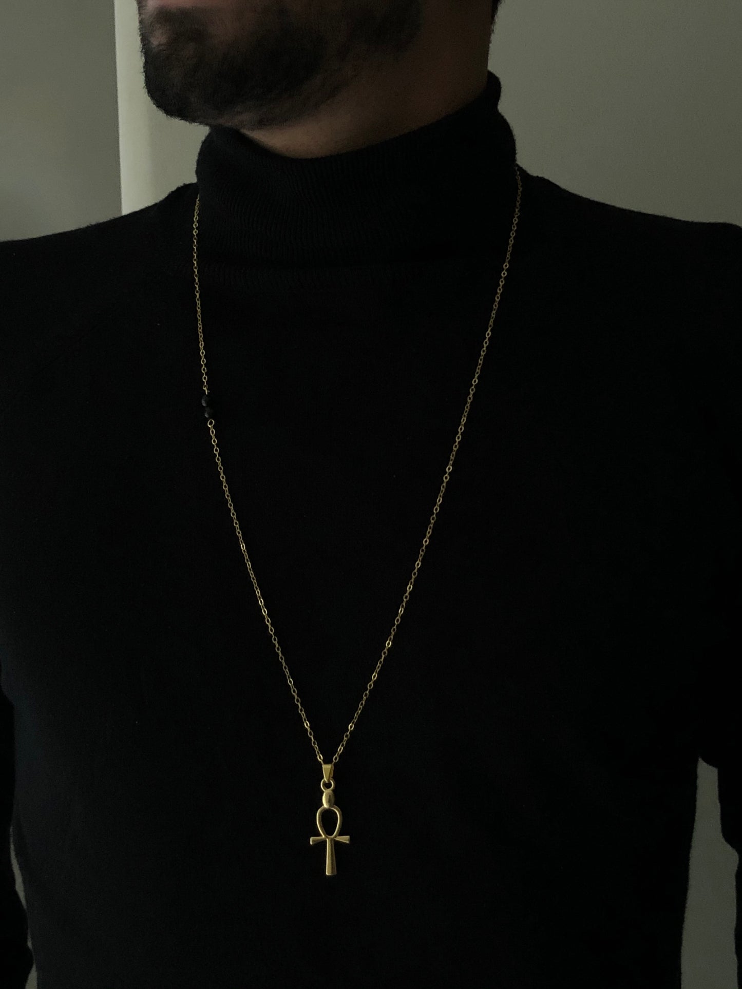 Ankh-Black Stone Pendant, Vermeil Gold