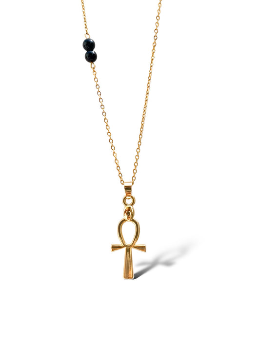 Ankh-Black Stone Pendant, Vermeil Gold